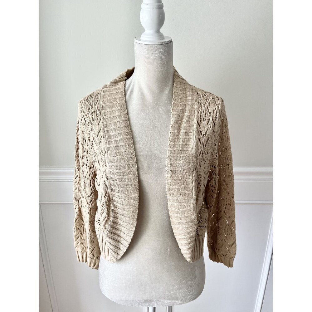 White Stag Ladies M Tan Open Knit Cropped Cocoon Cardigan 100% Cotton